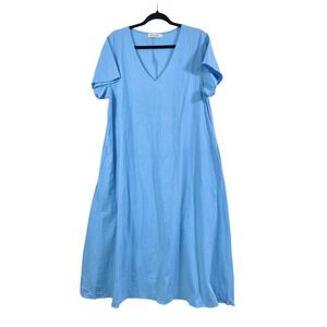 MISSLOOK Maxi Dress Women XL Blue V-Neck Short Sleeve Cotton Blend Whit Pockets